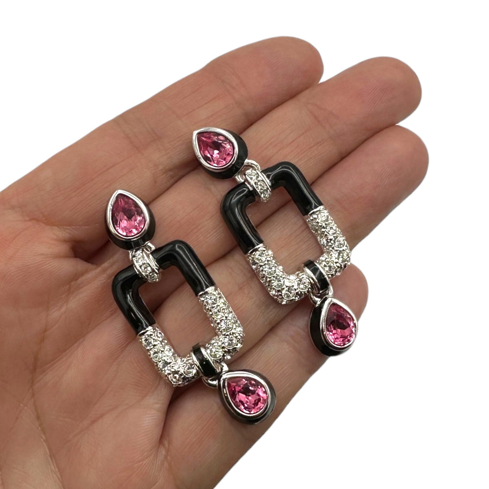 EarringsNolan Miller Black Enamel Art Deco Pink Teardrop Vintage Pierced Earrings