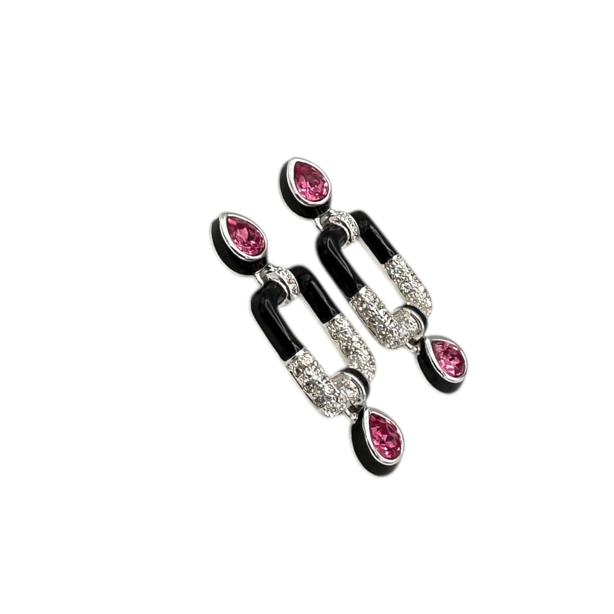 EarringsNolan Miller Black Enamel Art Deco Pink Teardrop Vintage Pierced Earrings