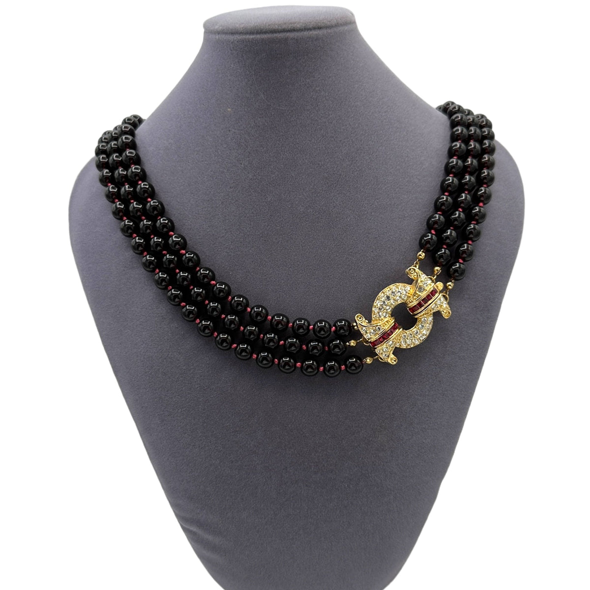 Nolan Miller Bordeaux Triple Strand Faux Garnet Art Deco Necklace - 24 Wishes Vintage Jewelry