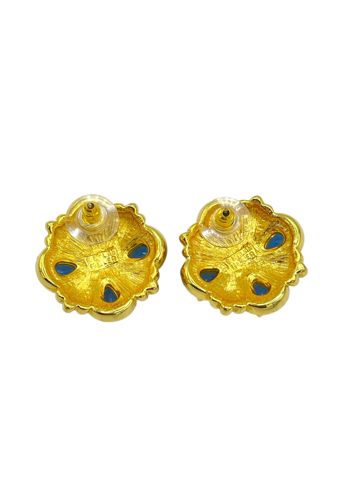 Nolan Miller Gold Maltese Cross Blue Crystal Vintage Pierced Designer Earrings - 24 Wishes Vintage Jewelry