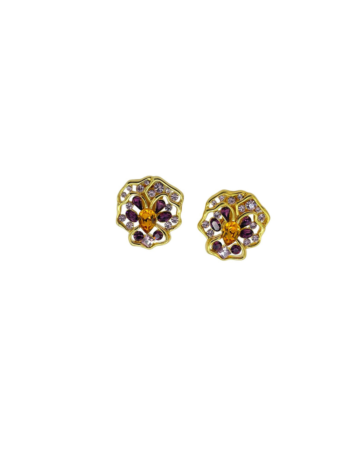 Nolan Miller Gold Pansey Purple Crystal Designer Clip - On Earrings - 24 Wishes Vintage Jewelry