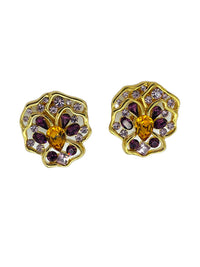 Nolan Miller Gold Pansey Purple Crystal Designer Clip - On Earrings - 24 Wishes Vintage Jewelry