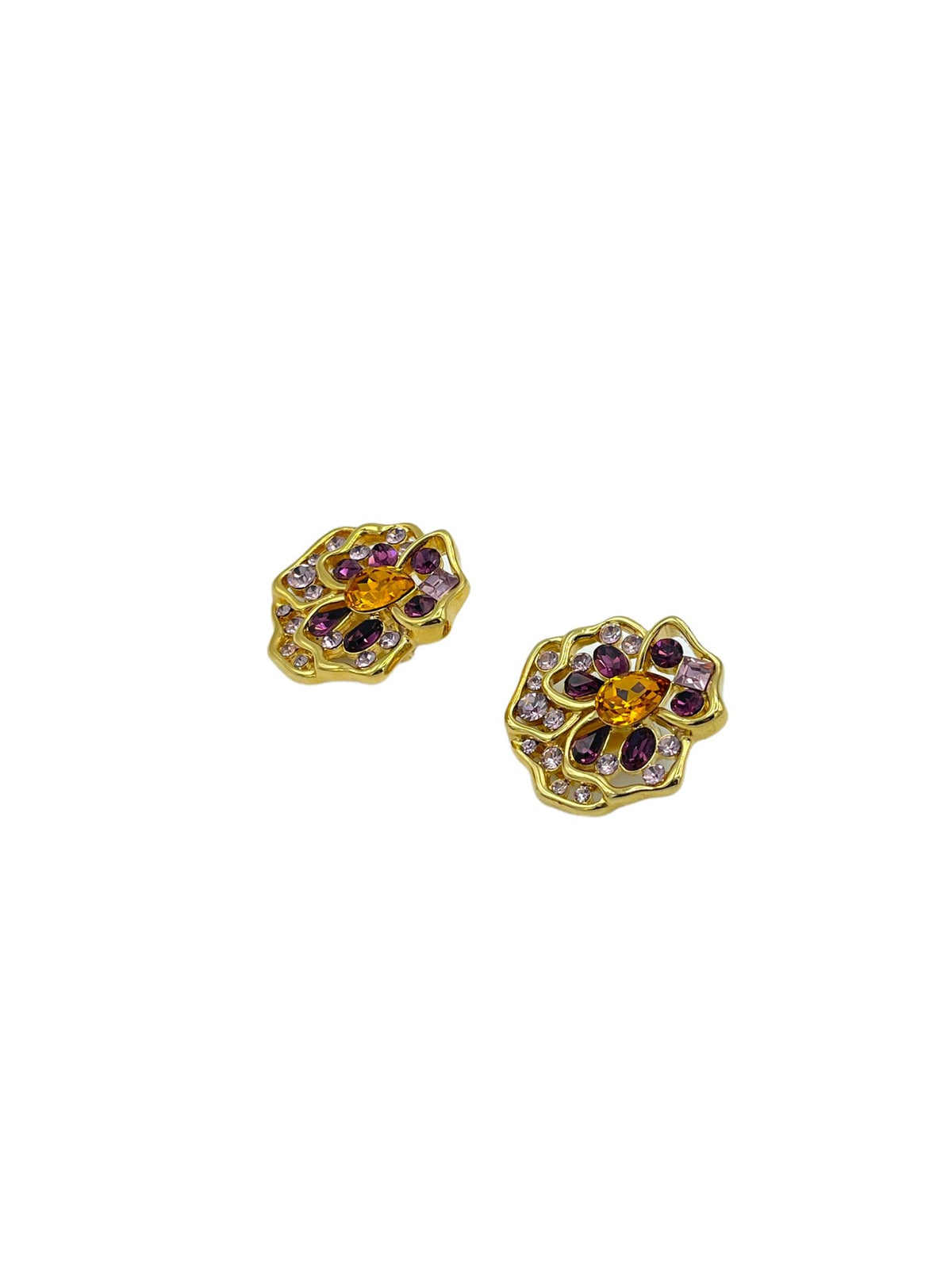 Nolan Miller Gold Pansey Purple Crystal Designer Clip - On Earrings - 24 Wishes Vintage Jewelry