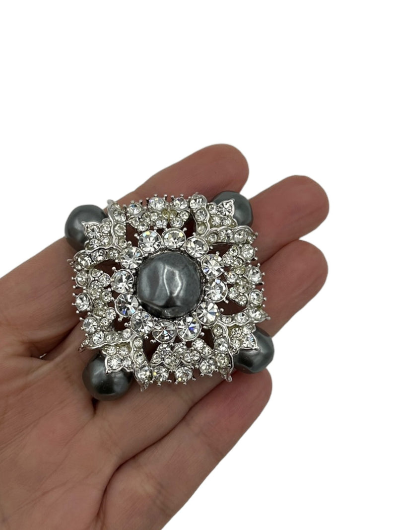 Nolan Miller Gray Baroque Pearl and Clear Rhinestone Vintage Brooch Pin - 24 Wishes Vintage Jewelry