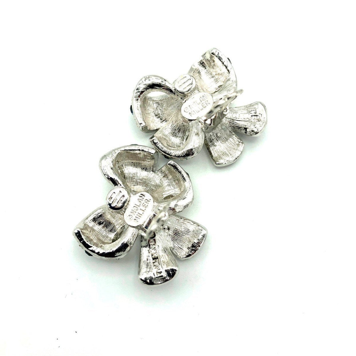 Nolan Miller Silver Bow Rhinestone Vintage Clip - On Earrings - 24 Wishes Vintage Jewelry