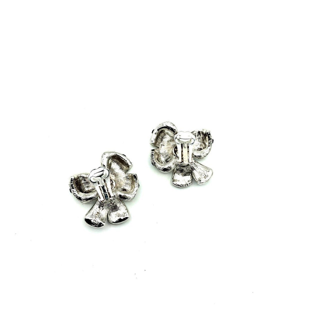 Nolan Miller Silver Bow Rhinestone Vintage Clip - On Earrings - 24 Wishes Vintage Jewelry