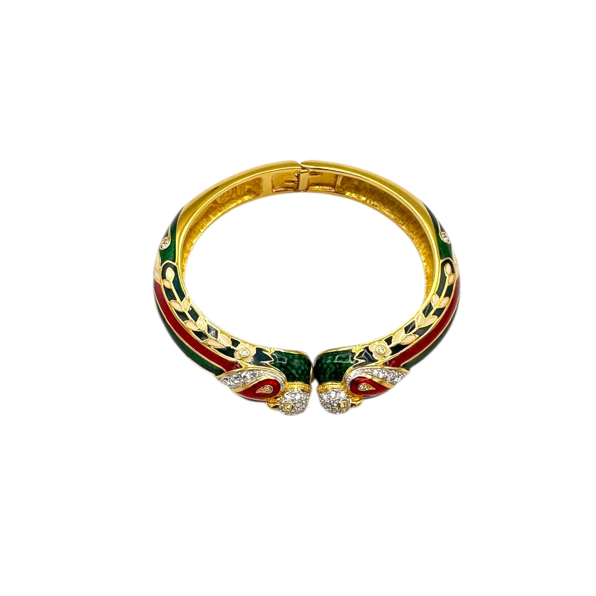 Nolan Miller Stylized Parrot Enamel Hinged Bangle Statement Bracelet 24 Wishes Vintage Jewelry