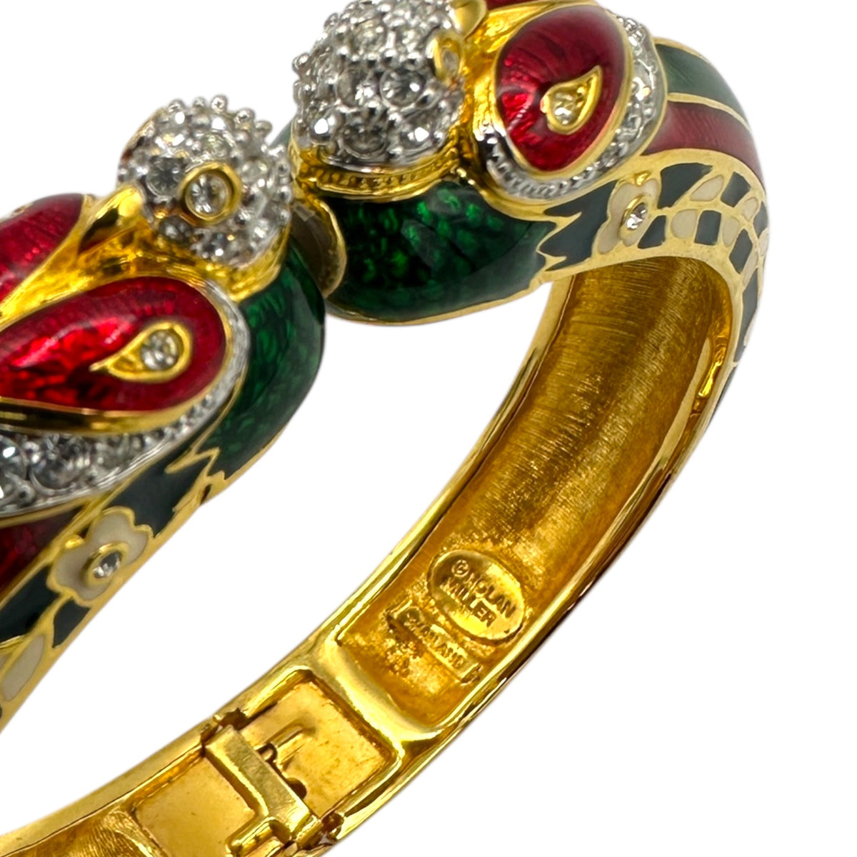 Nolan Miller Stylized Parrot Enamel Hinged Bangle Statement Bracelet 24 Wishes Vintage Jewelry