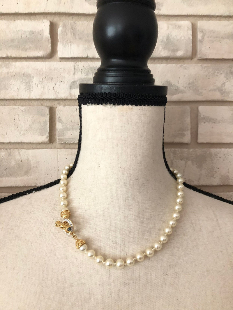 Nolan Miller White Classic Pearls Necklace Rhinestone Toggle Closure - 24 Wishes Vintage Jewelry