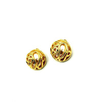 Norma Jean Gold Caged Pearl Classic Vintage Button Clip - On Earrings - 24 Wishes Vintage Jewelry