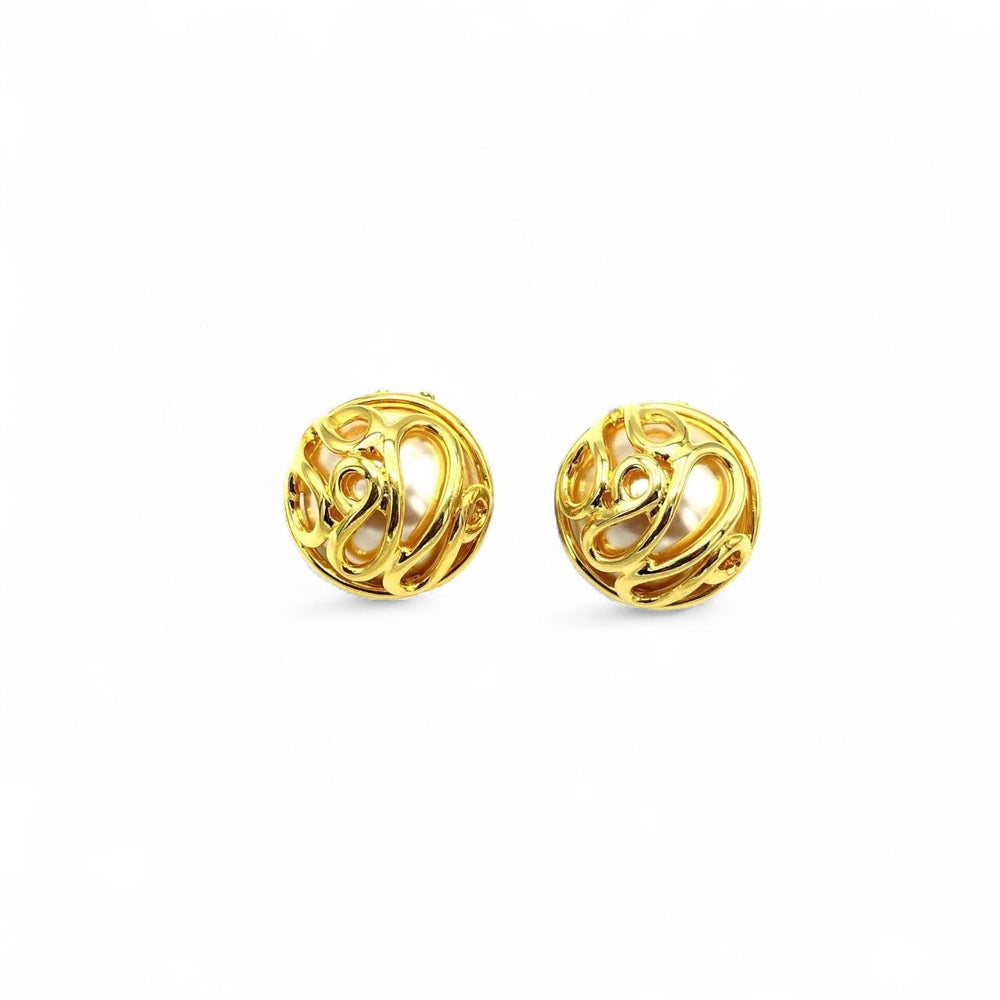 Norma Jean Gold Caged Pearl Vintage Button Clip - On Earrings Earrings 24 Wishes Vintage Jewelry