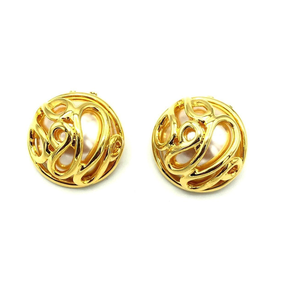 Norma Jean Gold Caged Pearl Classic Vintage Button Clip - On Earrings - 24 Wishes Vintage Jewelry