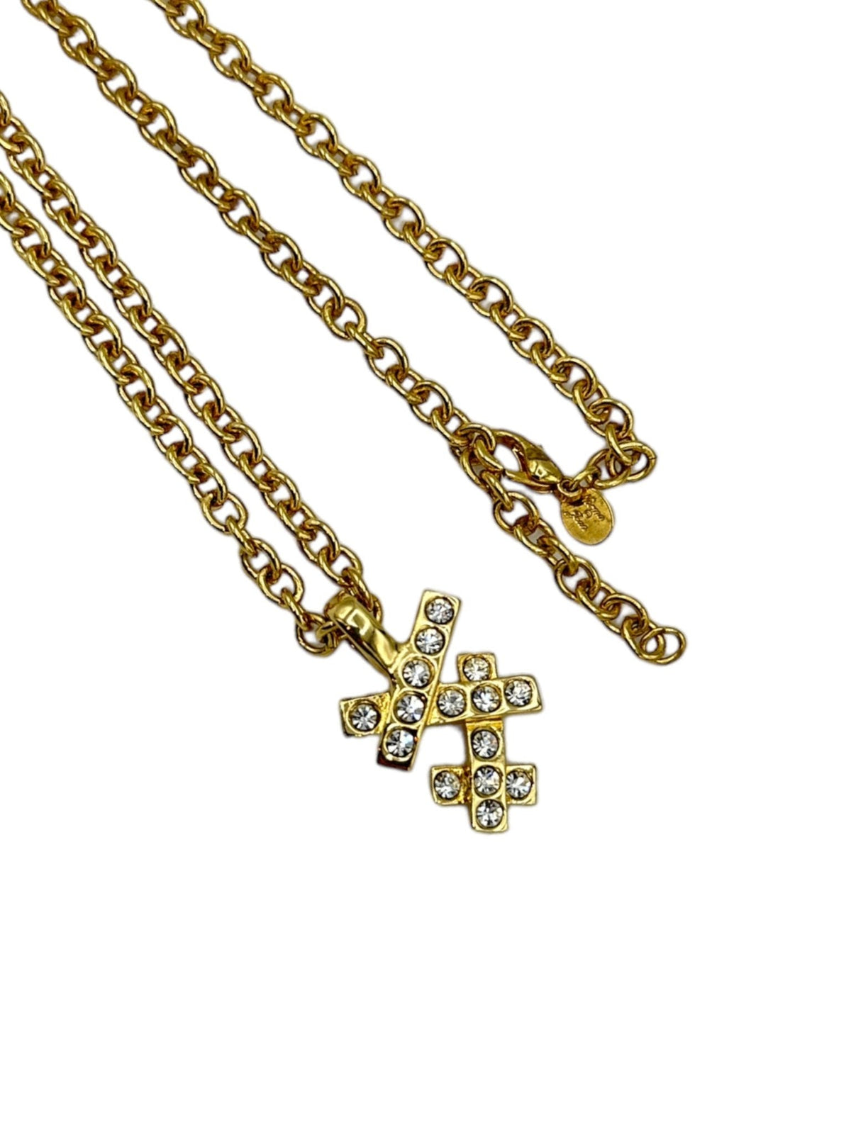 Norma Jean Gold Long Chain Criss Cross Rhinestone Pendant - 24 Wishes Vintage Jewelry