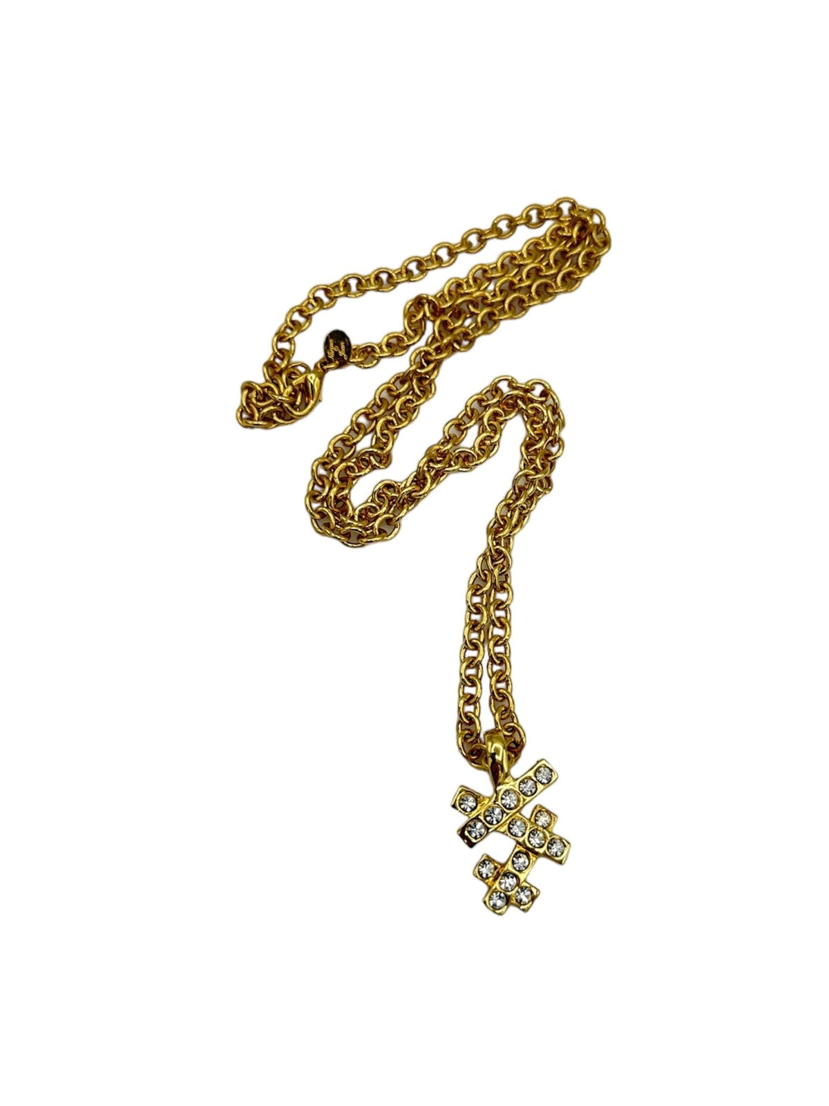 Norma Jean Gold Long Chain Criss Cross Rhinestone Pendant - 24 Wishes Vintage Jewelry