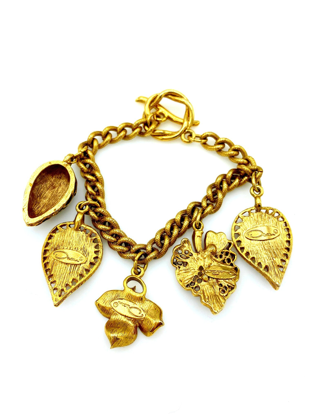 Oscar de la Renta Gold & Brown Leaf Charm Stacking Bracelet - 24 Wishes Vintage Jewelry