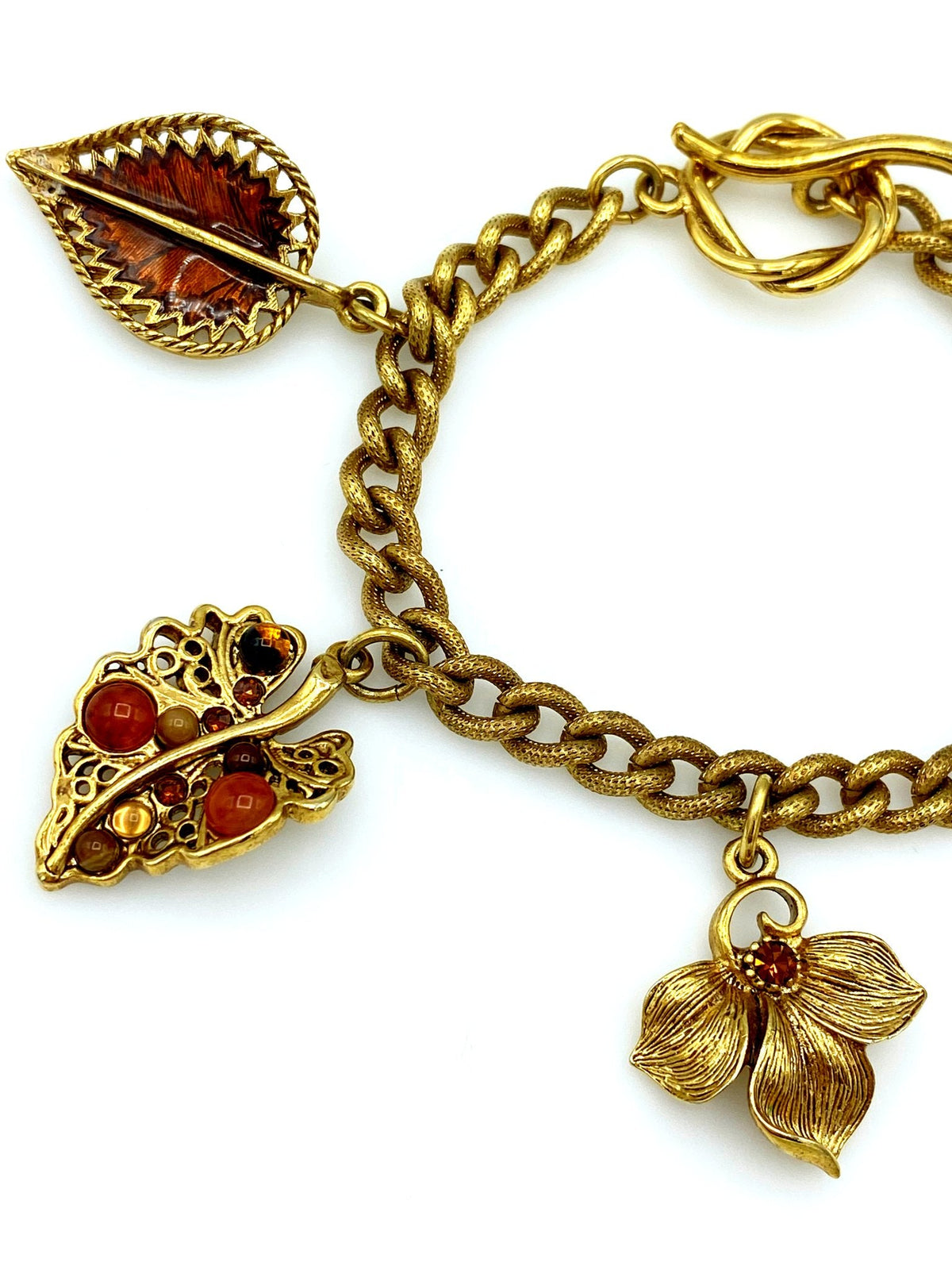 Oscar de la Renta Gold & Brown Leaf Charm Stacking Bracelet - 24 Wishes Vintage Jewelry