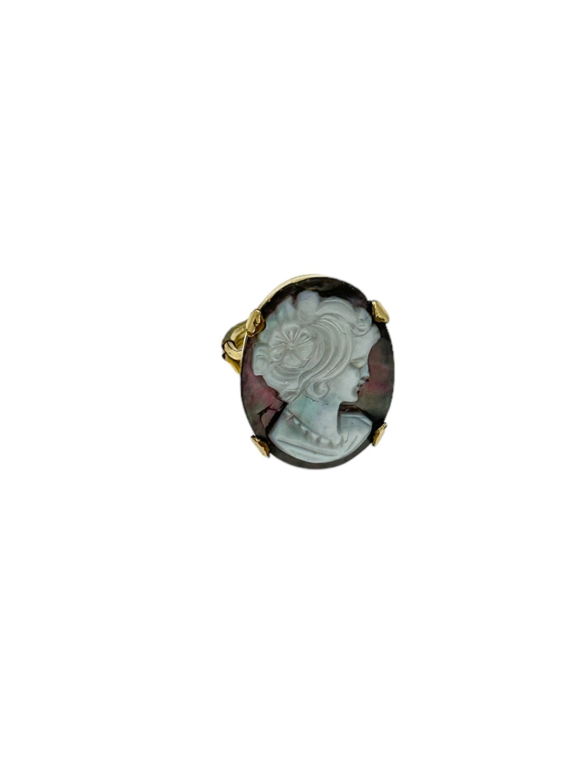 Oval Abalone Gray Shell Woman Cameo Gold Filled Vintage Ring - 24 Wishes Vintage Jewelry