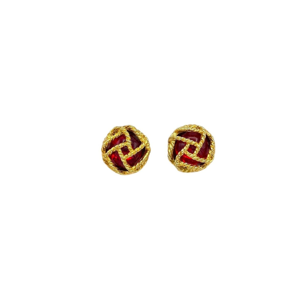 Paolo Gucci Gold Round Red Cabochon Vintage Clip - On Earrings - 24 Wishes Vintage Jewelry