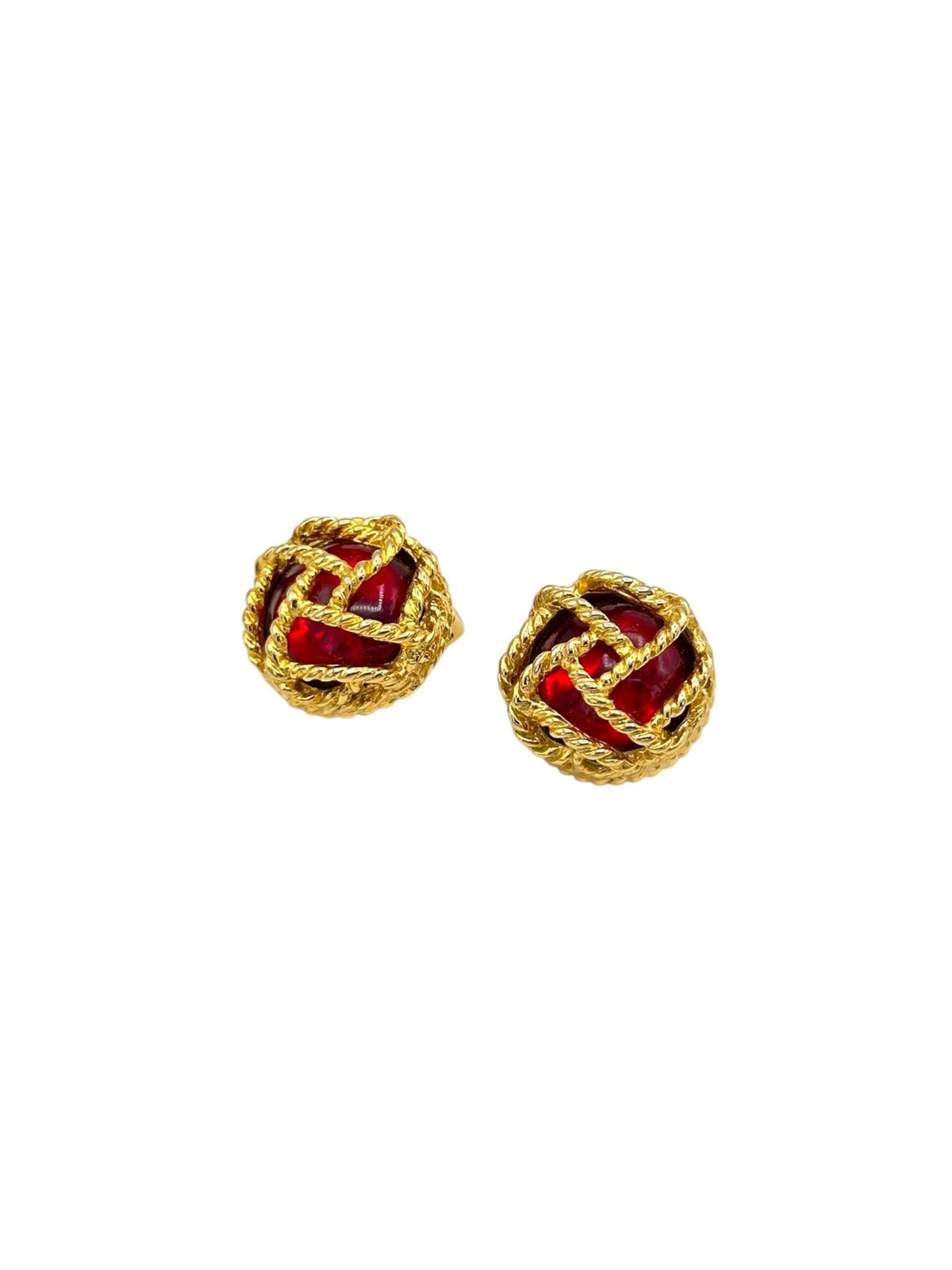 Paolo Gucci Gold Round Red Cabochon Vintage Clip - On Earrings - 24 Wishes Vintage Jewelry