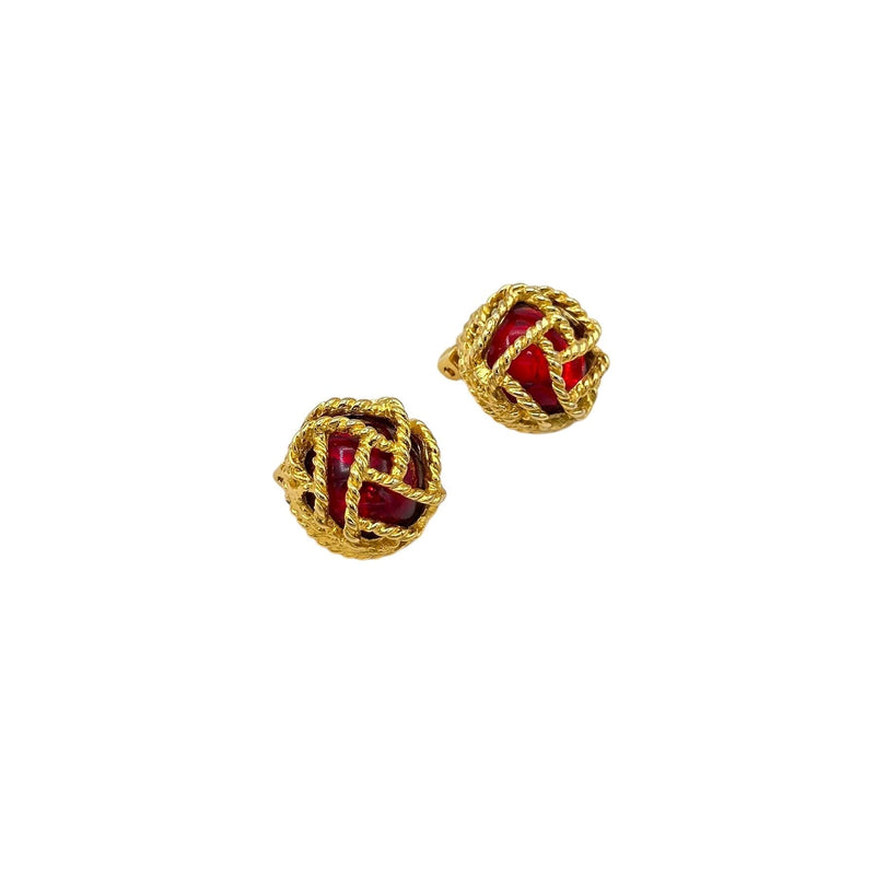 Paolo Gucci Gold Round Red Cabochon Vintage Clip - On Earrings - 24 Wishes Vintage Jewelry