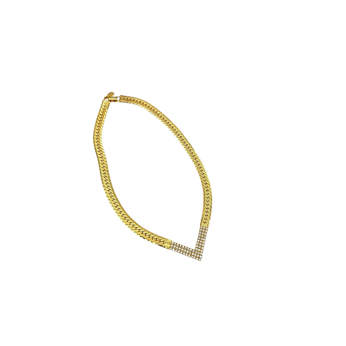 Chain view of Vintage Park Lane gold chevron rhinestone necklace and matching pierced earrings displayed on white background.