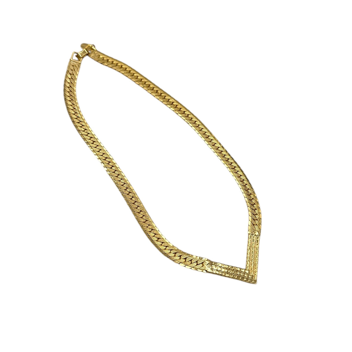 Back view of chain of Vintage Park Lane gold chevron rhinestone necklace and matching pierced earrings displayed on white background.