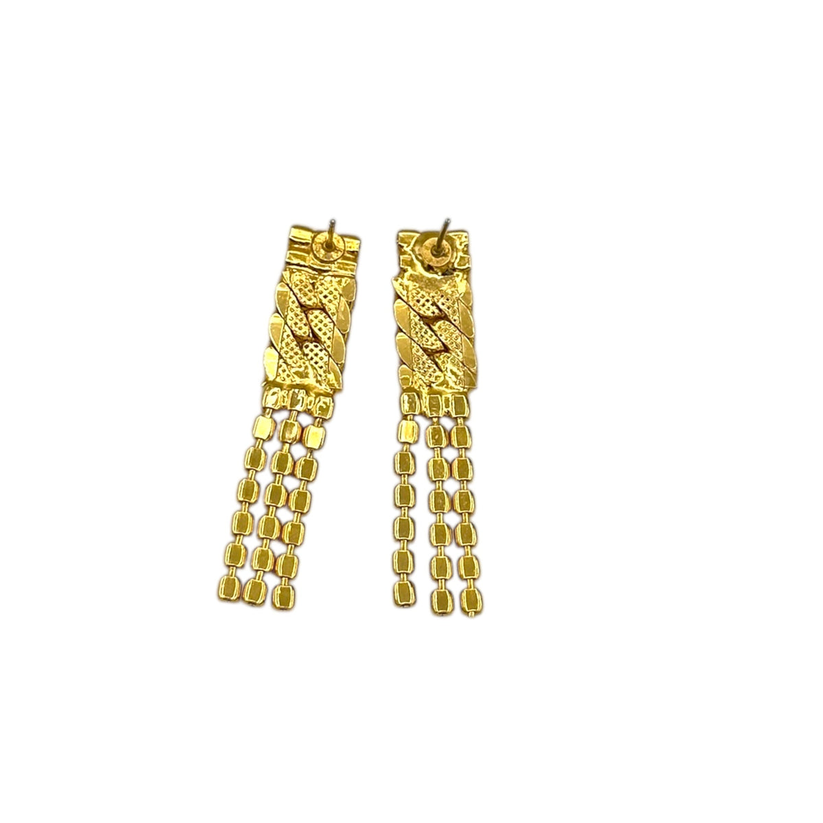 Back of earrings of Vintage Park Lane gold chevron rhinestone necklace and matching pierced earrings displayed on white background.