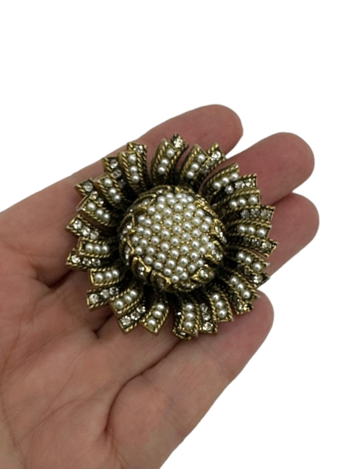 Pearl & Rhinestone Starburst Floral Brooch by HAR - 24 Wishes Vintage Jewelry