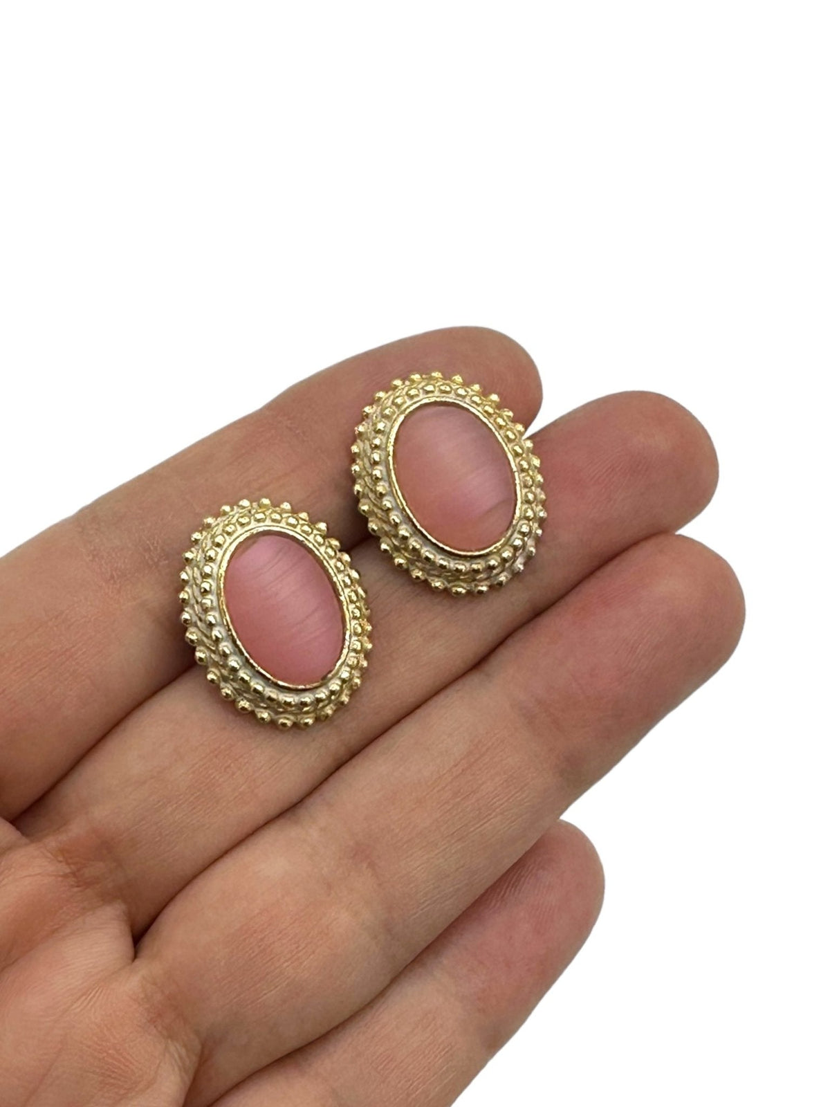 Pink Victorian Revival Oval Glass Cabochon Textured Gold Pierced Earrings - 24 Wishes Vintage Jewelry