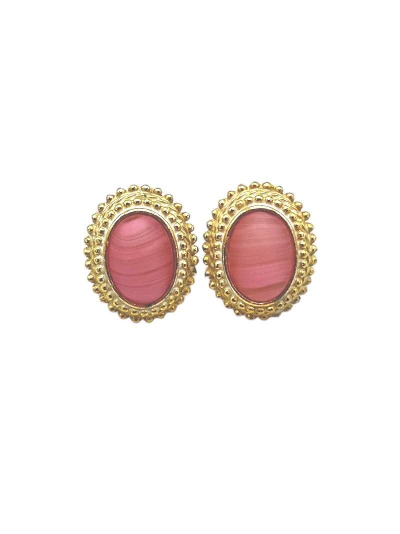 Pink Victorian Revival Oval Glass Cabochon Textured Gold Pierced Earrings - 24 Wishes Vintage Jewelry