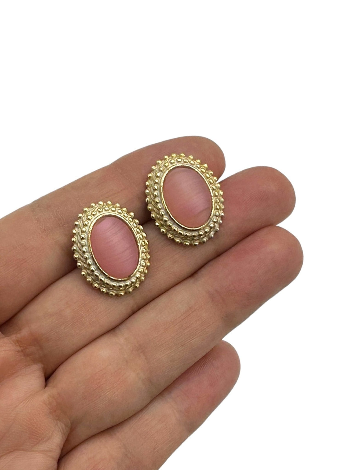 Pink Victorian Revival Oval Glass Cabochon Textured Gold Pierced Earrings - 24 Wishes Vintage Jewelry