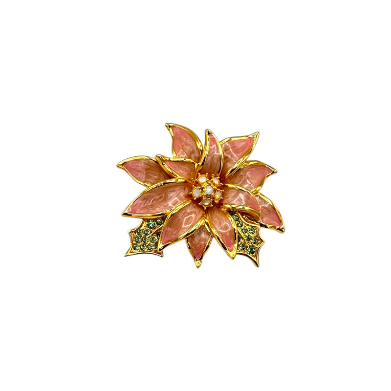 Poinsettia Flower Pink Enamel & Rhinestone Nolan Miller Brooch Pin - 24 Wishes Vintage Jewelry