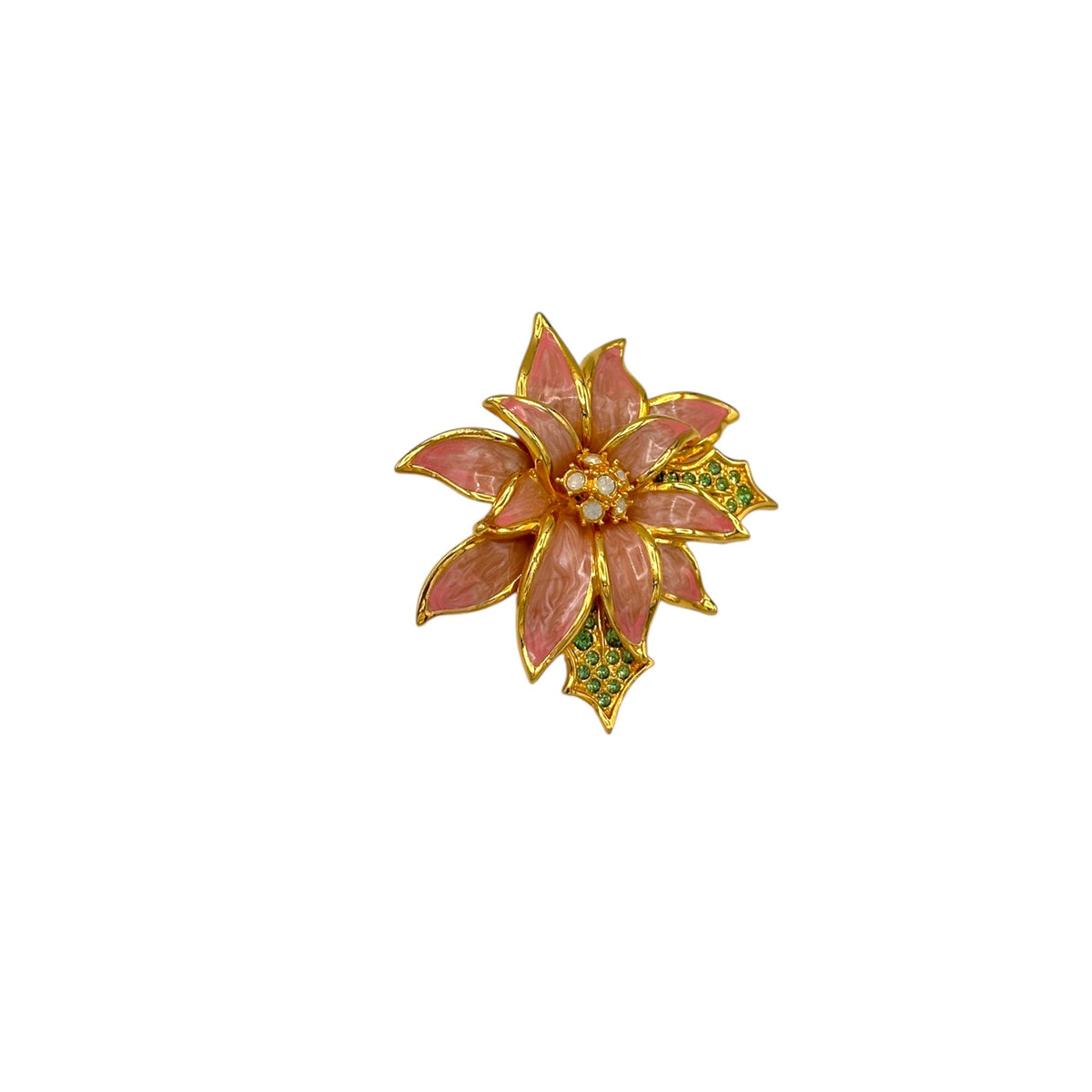 Poinsettia Flower Pink Enamel & Rhinestone Nolan Miller Brooch Pin - 24 Wishes Vintage Jewelry