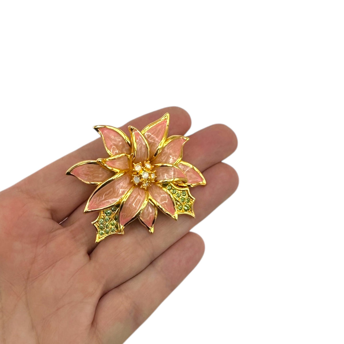 Poinsettia Flower Pink Enamel & Rhinestone Nolan Miller Brooch Pin - 24 Wishes Vintage Jewelry