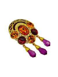 Princess Michaela Von Habsburg MVH Crown Jewel Purple & Citrine Orange Rhinestone Dangle Brooch - 24 Wishes Vintage Jewelry