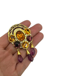 Princess Michaela Von Habsburg MVH Crown Jewel Purple & Citrine Orange Rhinestone Dangle Brooch - 24 Wishes Vintage Jewelry