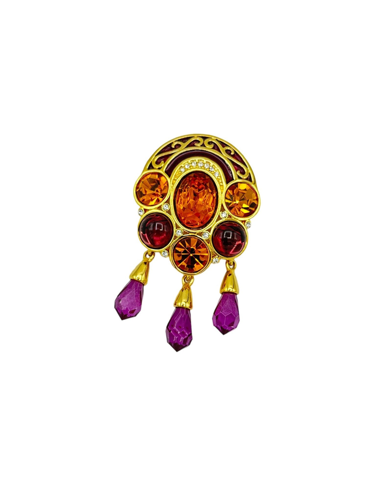 Princess Michaela Von Habsburg MVH Crown Jewel Purple & Citrine Orange Rhinestone Dangle Brooch - 24 Wishes Vintage Jewelry