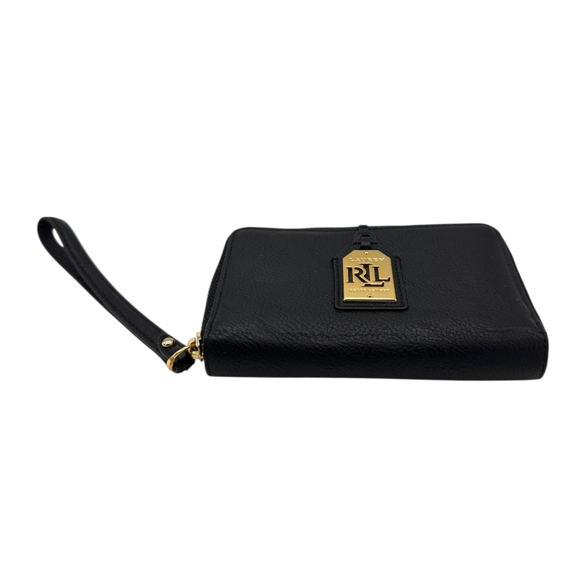 Bottom view of Vintage Ralph Lauren RLL black pebbled leather wristlet wallet with gold logo plaque displayed on white background.