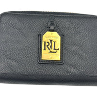 Close up view of Vintage Ralph Lauren RLL black pebbled leather wristlet wallet with gold logo plaque displayed on white background.
