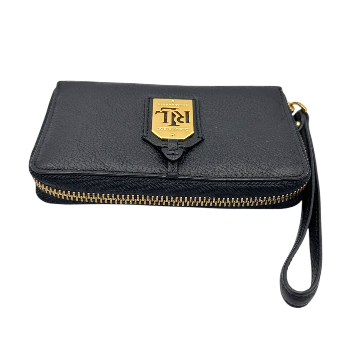 Zipper view of Vintage Ralph Lauren RLL black pebbled leather wristlet wallet with gold logo plaque displayed on white background.