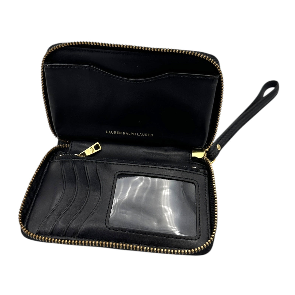 Open view of Vintage Ralph Lauren RLL black pebbled leather wristlet wallet with gold logo plaque displayed on white background.