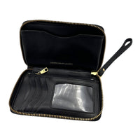 Open view of Vintage Ralph Lauren RLL black pebbled leather wristlet wallet with gold logo plaque displayed on white background.
