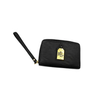 Vintage Ralph Lauren RLL black pebbled leather wristlet wallet with gold logo plaque displayed on white background.