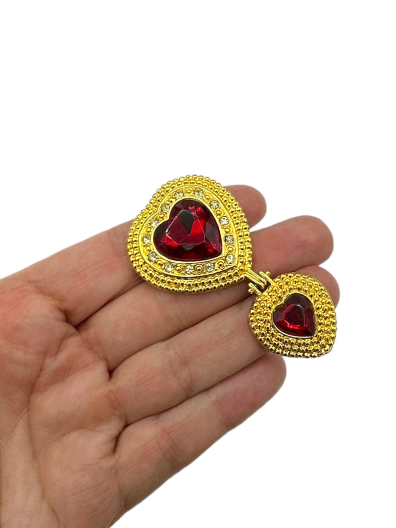 Red Double Heart Dangle Gold Brooch by Victoria Secret - 24 Wishes Vintage Jewelry