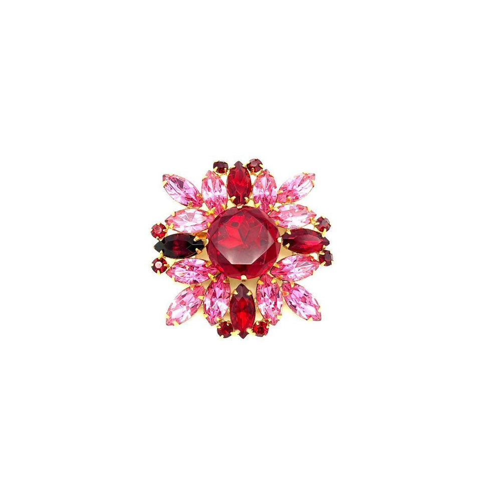 Red & Pink Rhinestone Large Vintage Brooch Pin - 24 Wishes Vintage Jewelry
