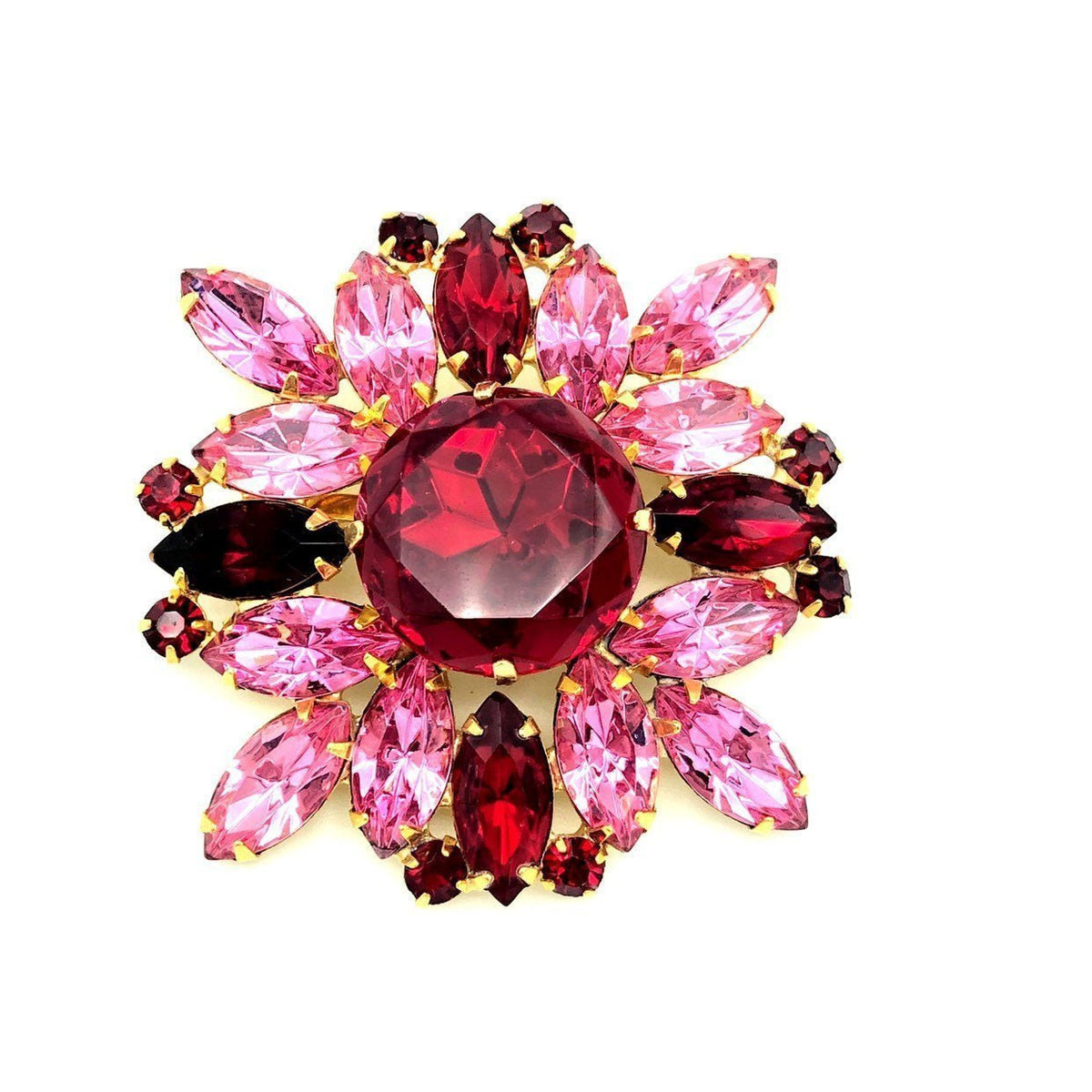 Red & Pink Rhinestone Large Vintage Brooch Pin - 24 Wishes Vintage Jewelry