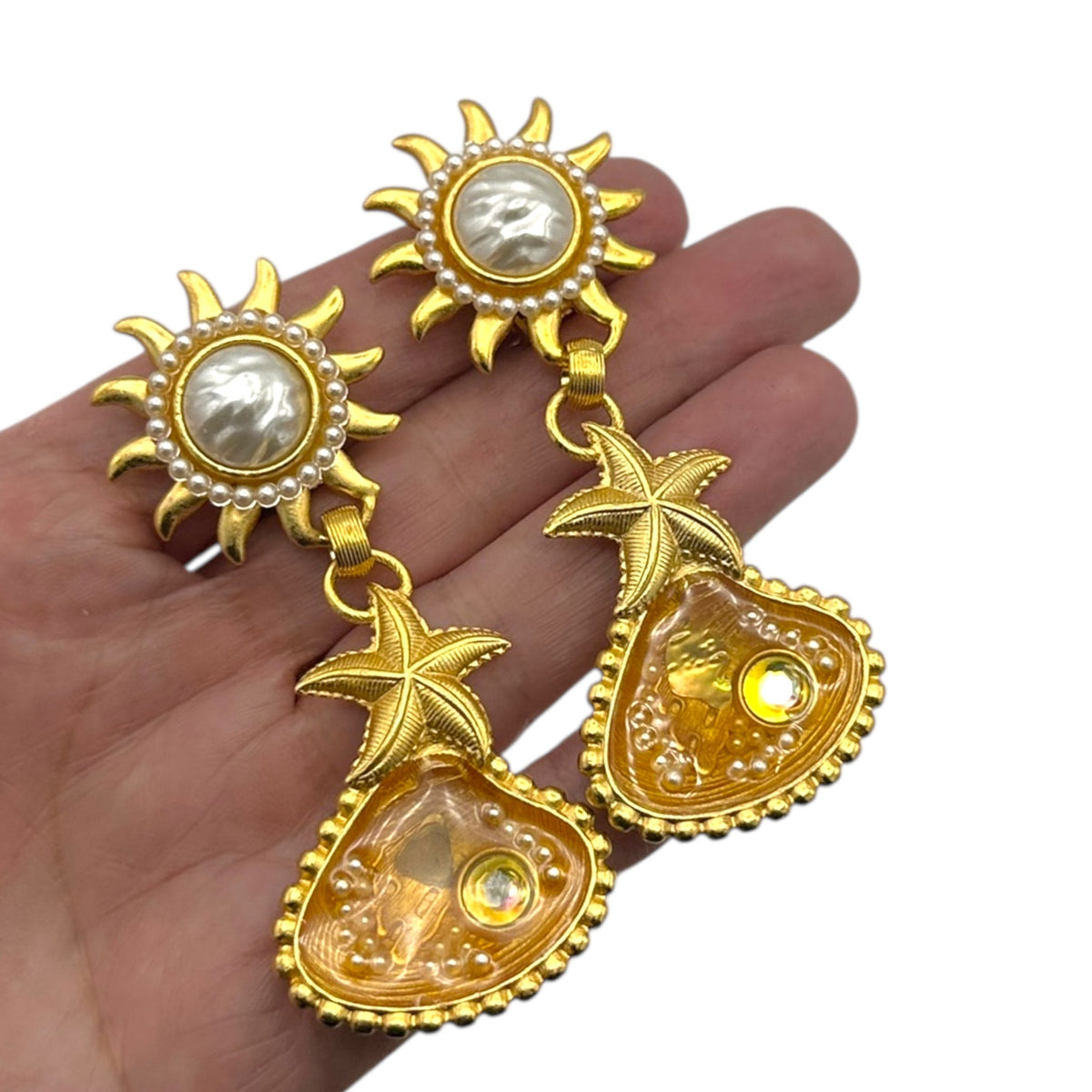 Robert Rose Gold Shell & Starfish Dangle Drop Clip - On Statement Coastal Vintage Earrings 24 Wishes Vintage Jewelry