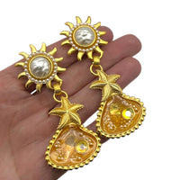 Robert Rose Gold Shell & Starfish Dangle Drop Clip - On Statement Coastal Vintage Earrings 24 Wishes Vintage Jewelry