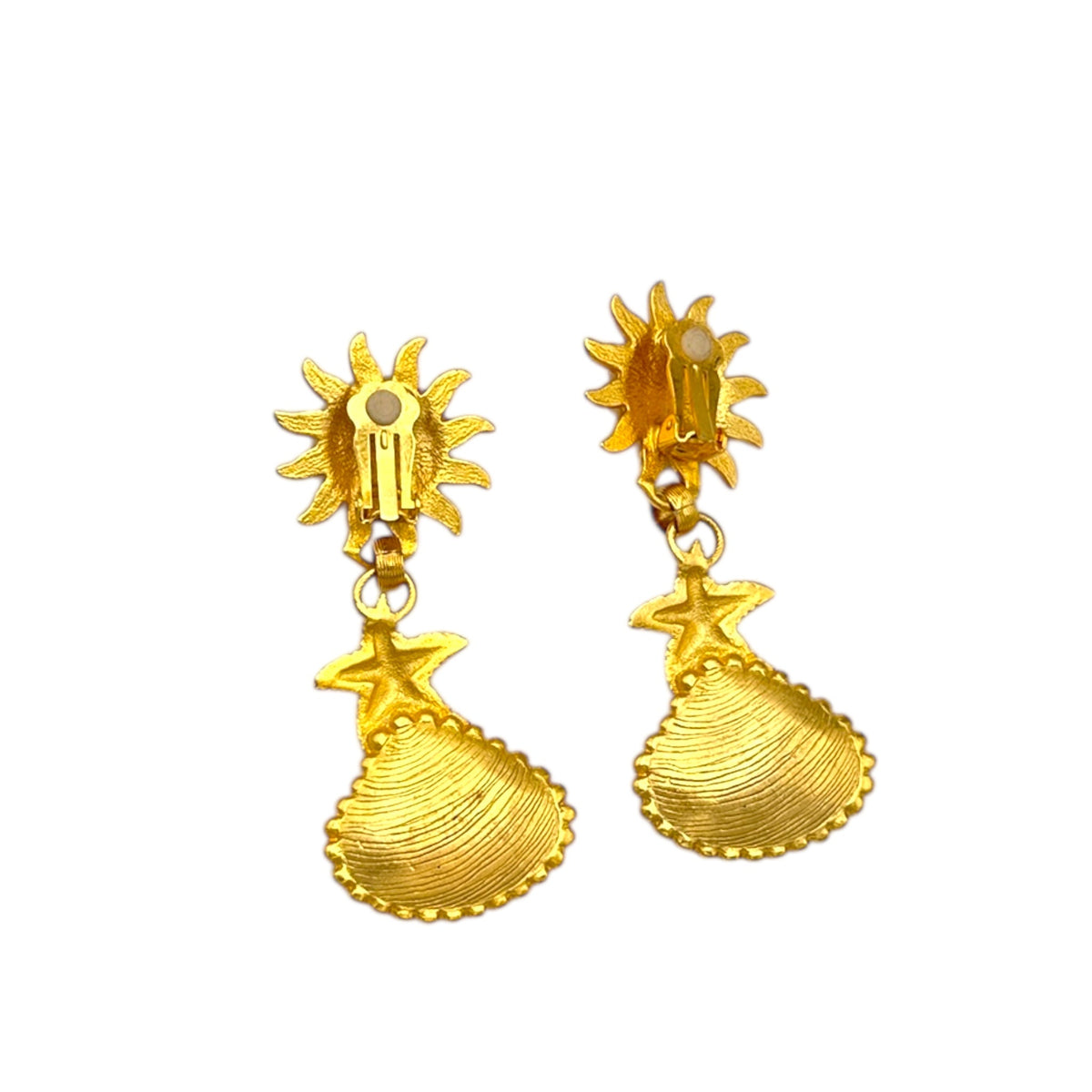 Robert Rose Gold Shell & Starfish Dangle Drop Clip - On Statement Coastal Vintage Earrings 24 Wishes Vintage Jewelry