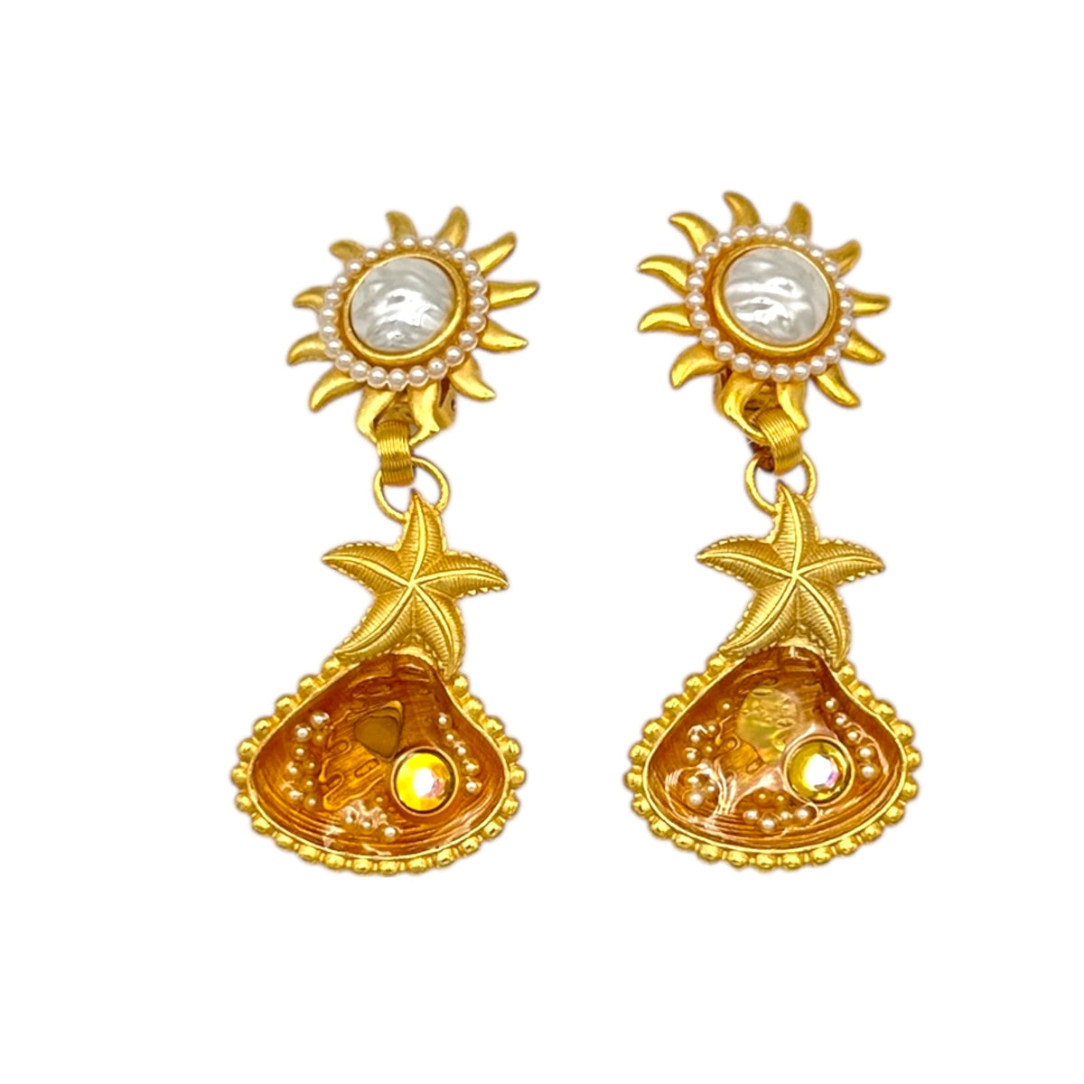 Robert Rose Gold Shell & Starfish Dangle Drop Clip - On Statement Coastal Vintage Earrings 24 Wishes Vintage Jewelry